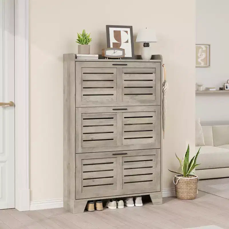 Meuble de rangement avec 3 tiroirs basculants, Organiseur de chaussures autoportant pour entrée avec 2 crochets latéraux, Armoire à chaussures dissimulée étroite et fine