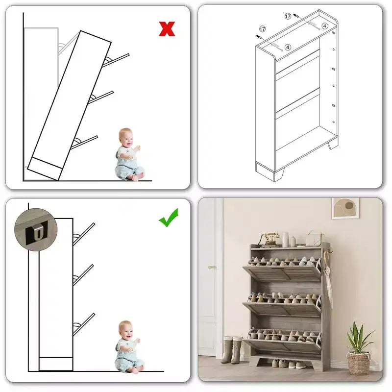Meuble de rangement avec 3 tiroirs basculants, Organiseur de chaussures autoportant pour entrée avec 2 crochets latéraux, Armoire à chaussures dissimulée étroite et fine