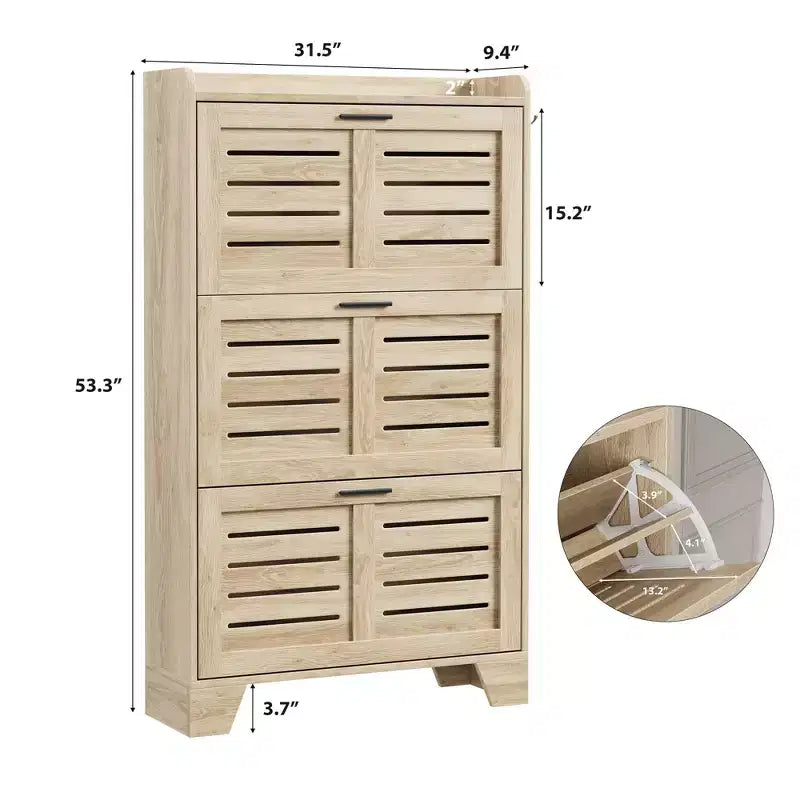 Meuble de rangement avec 3 tiroirs basculants, Organiseur de chaussures autoportant pour entrée avec 2 crochets latéraux, Armoire à chaussures dissimulée étroite et fine