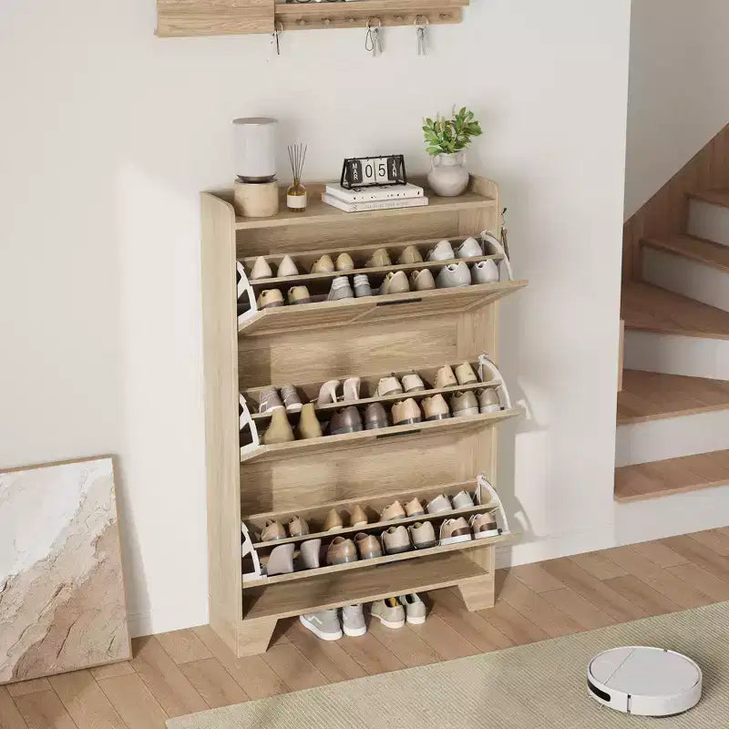 Meuble de rangement avec 3 tiroirs basculants, Organiseur de chaussures autoportant pour entrée avec 2 crochets latéraux, Armoire à chaussures dissimulée étroite et fine