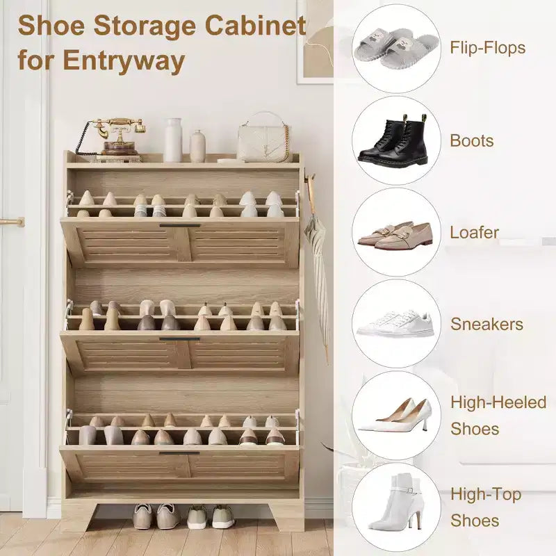 Meuble de rangement avec 3 tiroirs basculants, Organiseur de chaussures autoportant pour entrée avec 2 crochets latéraux, Armoire à chaussures dissimulée étroite et fine
