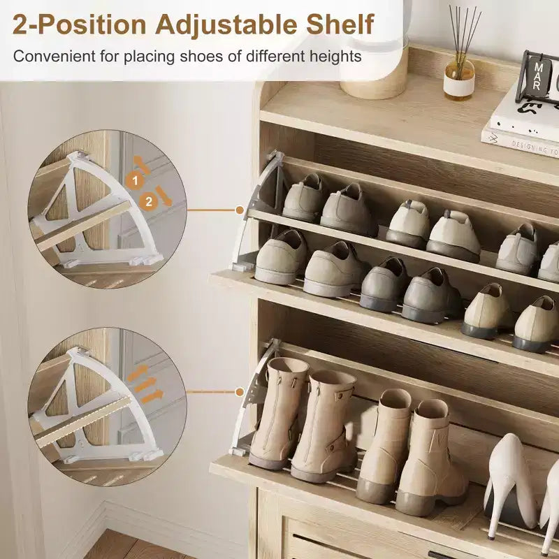 Meuble de rangement avec 3 tiroirs basculants, Organiseur de chaussures autoportant pour entrée avec 2 crochets latéraux, Armoire à chaussures dissimulée étroite et fine