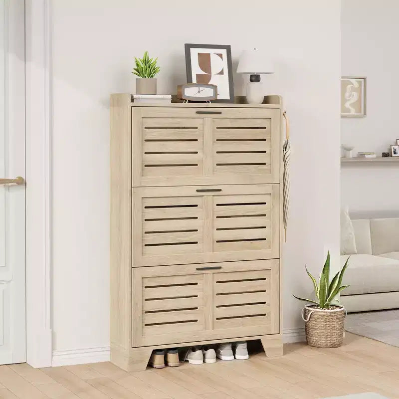Meuble de rangement avec 3 tiroirs basculants, Organiseur de chaussures autoportant pour entrée avec 2 crochets latéraux, Armoire à chaussures dissimulée étroite et fine