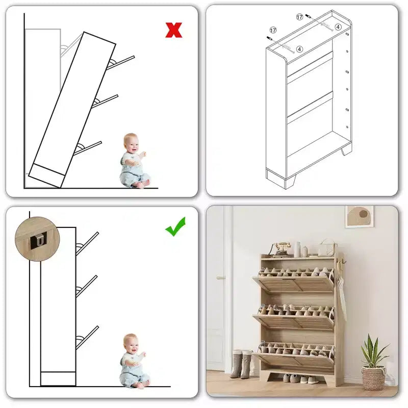 Meuble de rangement avec 3 tiroirs basculants, Organiseur de chaussures autoportant pour entrée avec 2 crochets latéraux, Armoire à chaussures dissimulée étroite et fine