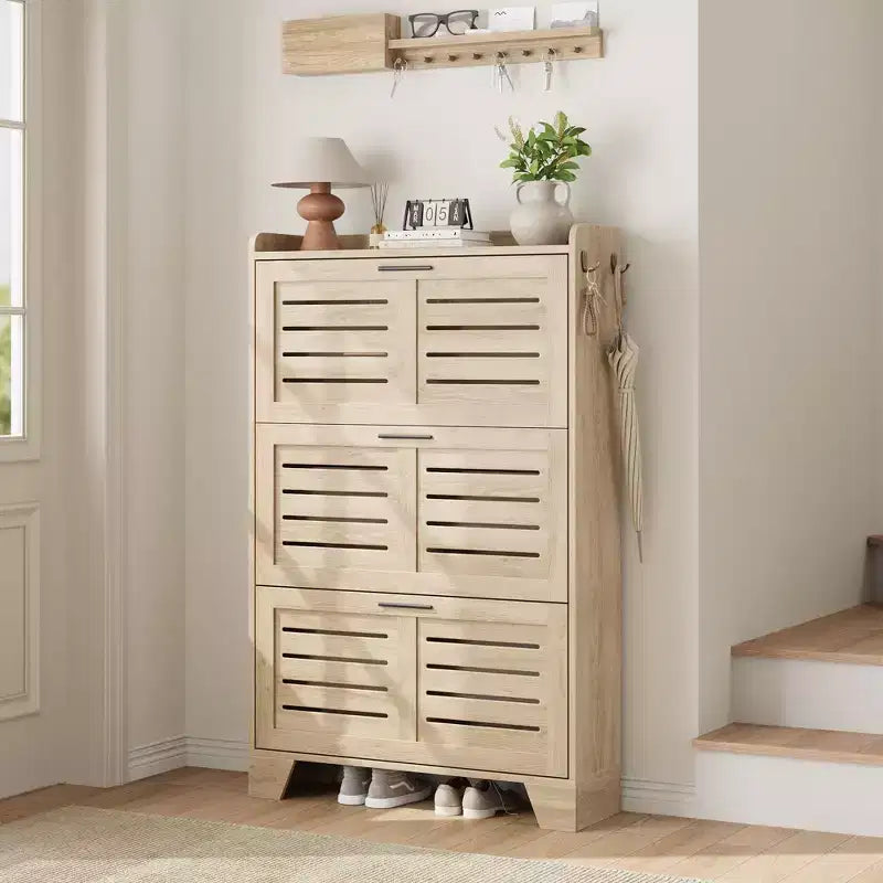 Shoe Storage Cabinet with 3 Flip Drawers, Freestanding Shoe Organizer Storage for Entryway with 2 Side Hooks, Hidden Slim Narrow Shoe Rack Cabinet