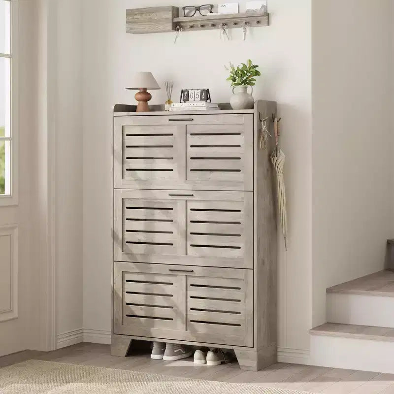 Meuble de rangement avec 3 tiroirs basculants, Organiseur de chaussures autoportant pour entrée avec 2 crochets latéraux, Armoire à chaussures dissimulée étroite et fine