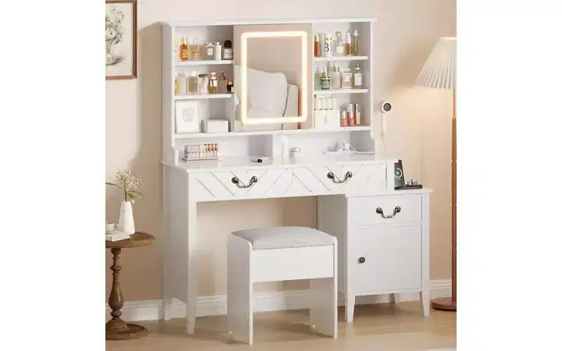 White Vanity Desk with Sliding Mirror & Stool - Retractable Dressing Table with Hair Dryer Rack, Drawers & Storage Cabinet