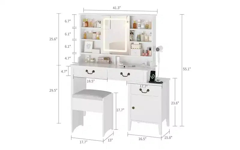 Coiffeuse Blanche avec Miroir Coulissant et Tabouret - Table de Maquillage Rétractable avec Support pour Sèche-Cheveux, Tiroirs et Meuble de Rangement