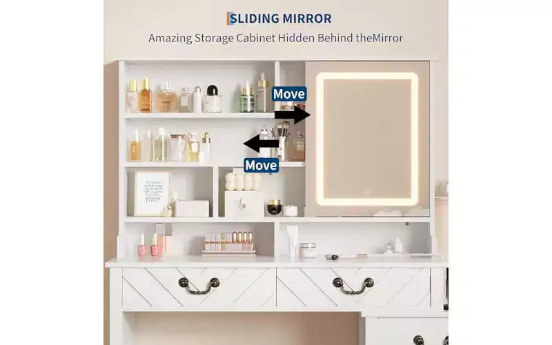 Coiffeuse Blanche avec Miroir Coulissant et Tabouret - Table de Maquillage Rétractable avec Support pour Sèche-Cheveux, Tiroirs et Meuble de Rangement