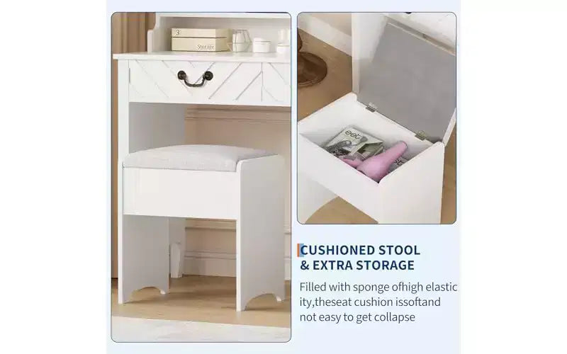 Coiffeuse Blanche avec Miroir Coulissant et Tabouret - Table de Maquillage Rétractable avec Support pour Sèche-Cheveux, Tiroirs et Meuble de Rangement