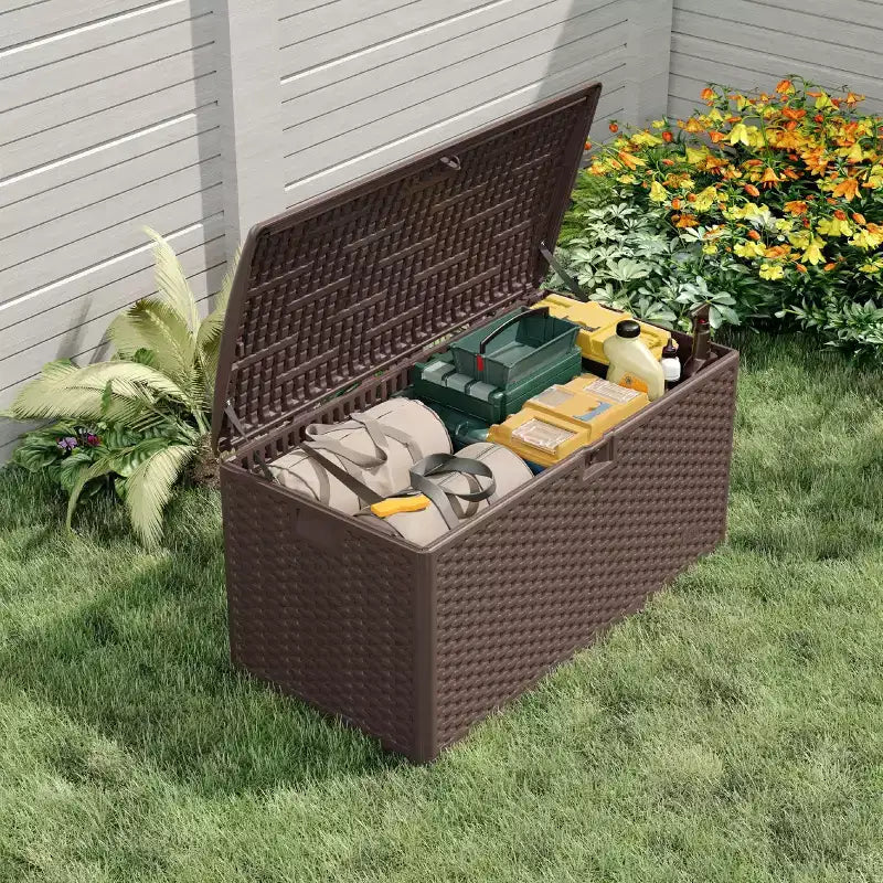 Coffre de rangement extérieur/intérieur en résine, grande capacité 73 gallons, étanche et verrouillable, pour terrasse