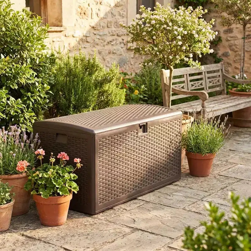 Coffre de rangement extérieur/intérieur en résine, grande capacité 73 gallons, étanche et verrouillable, pour terrasse