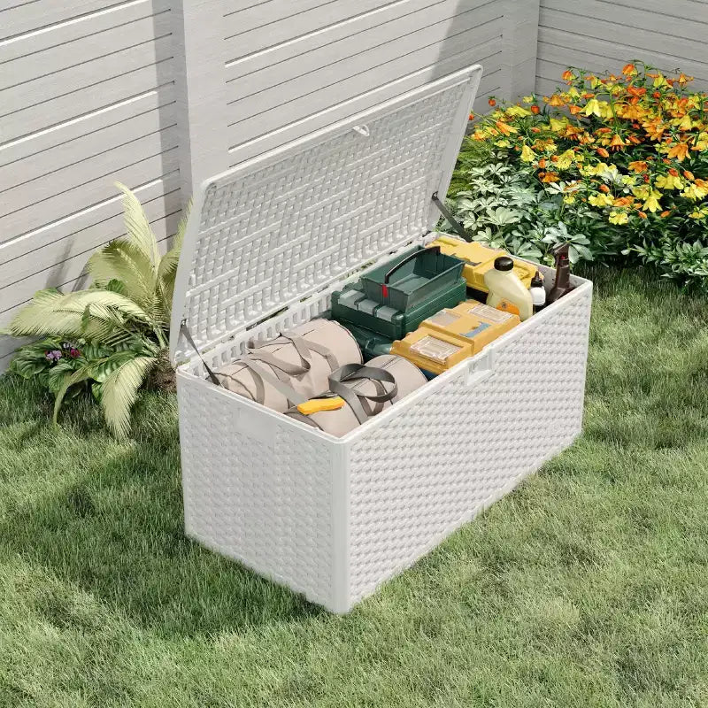 Coffre de rangement extérieur/intérieur en résine, grande capacité 73 gallons, étanche et verrouillable, pour terrasse