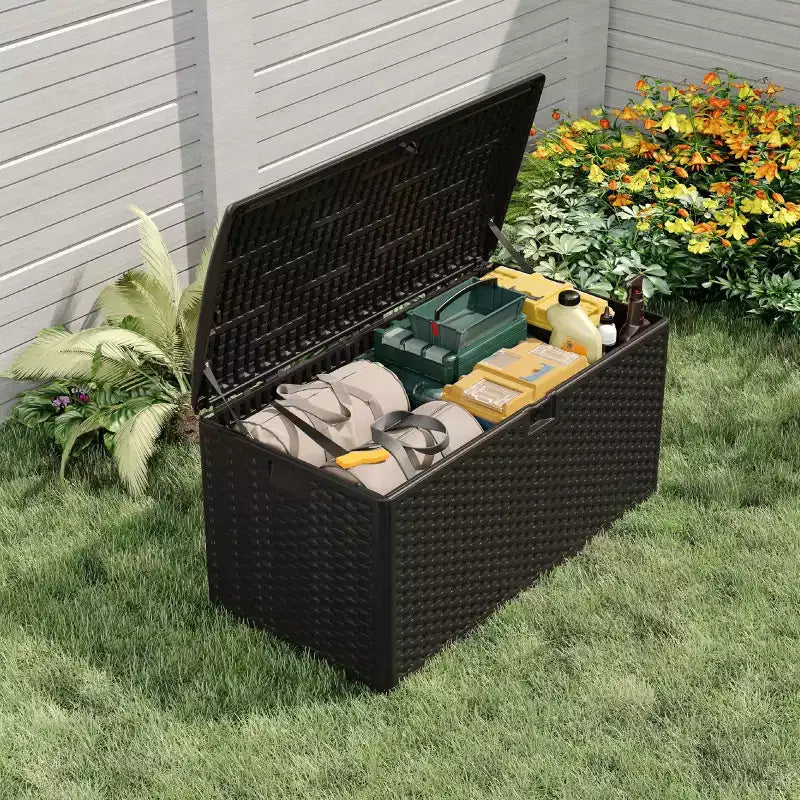 Coffre de rangement extérieur/intérieur en résine, grande capacité 73 gallons, étanche et verrouillable, pour terrasse