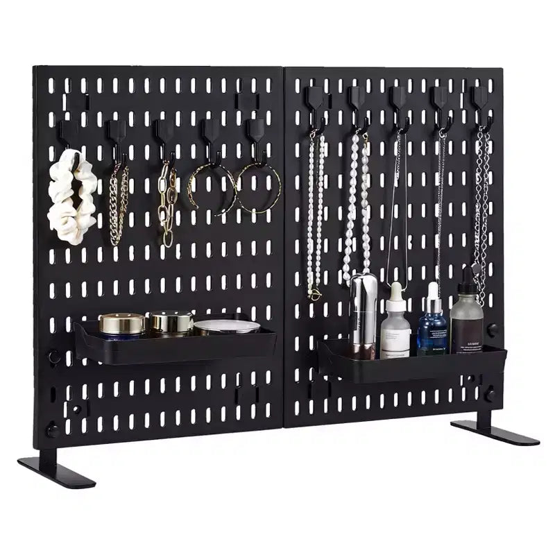 Tabletop Peg Board Organizer with 10 Hooks 2 Trays No Drilling Freestanding Portable Plastic for Office Home Dorm Apartment