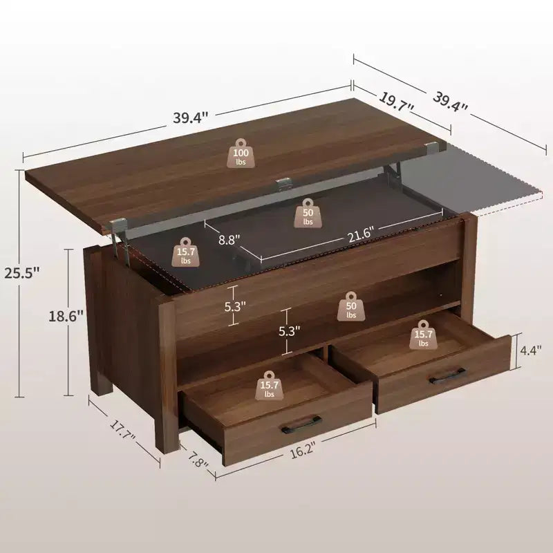 Table basse relevable 40 pouces, table basse convertible multifonctionnelle avec tiroirs et compartiment caché, se transforme en table à manger