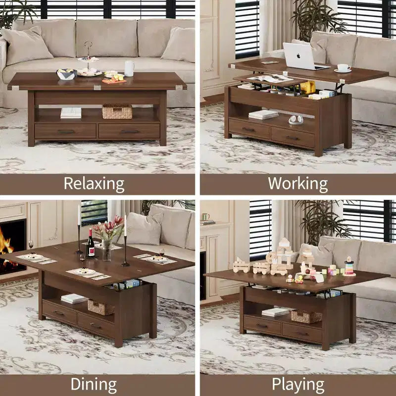 Table basse relevable 40 pouces, table basse convertible multifonctionnelle avec tiroirs et compartiment caché, se transforme en table à manger
