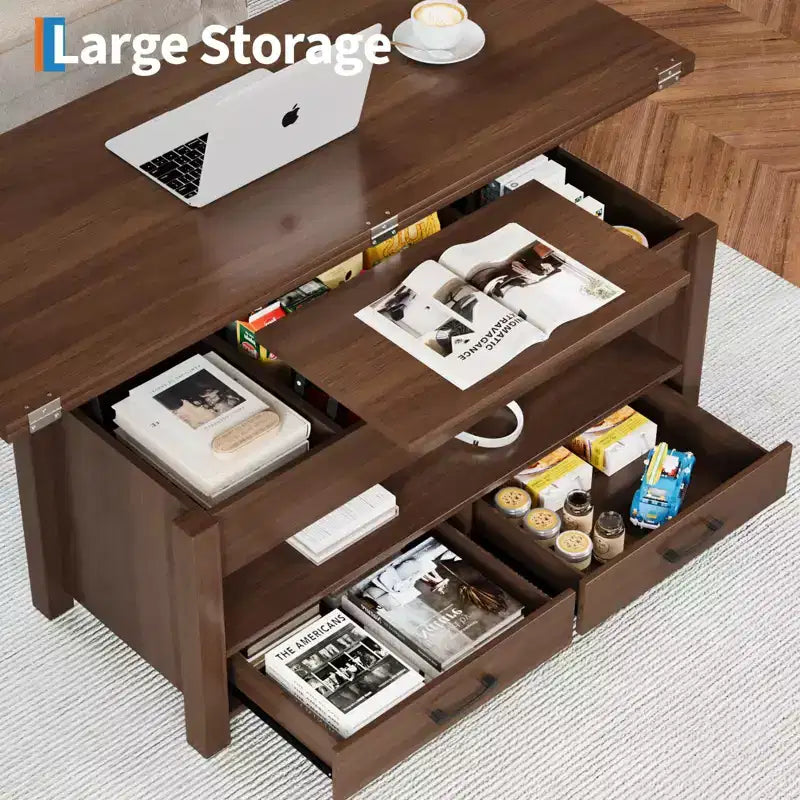 Table basse relevable 40 pouces, table basse convertible multifonctionnelle avec tiroirs et compartiment caché, se transforme en table à manger