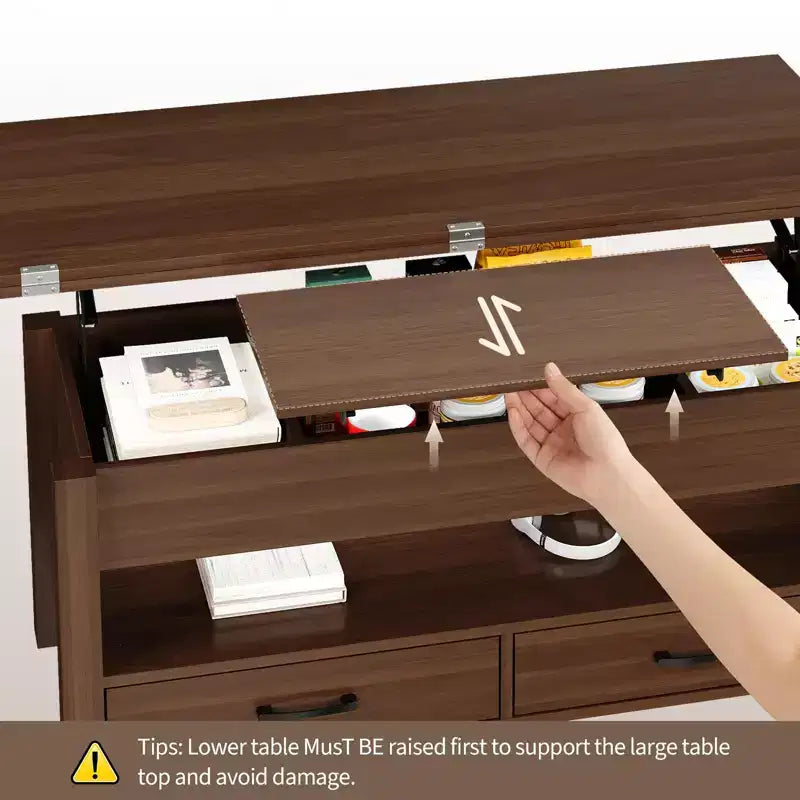 Table basse relevable 40 pouces, table basse convertible multifonctionnelle avec tiroirs et compartiment caché, se transforme en table à manger