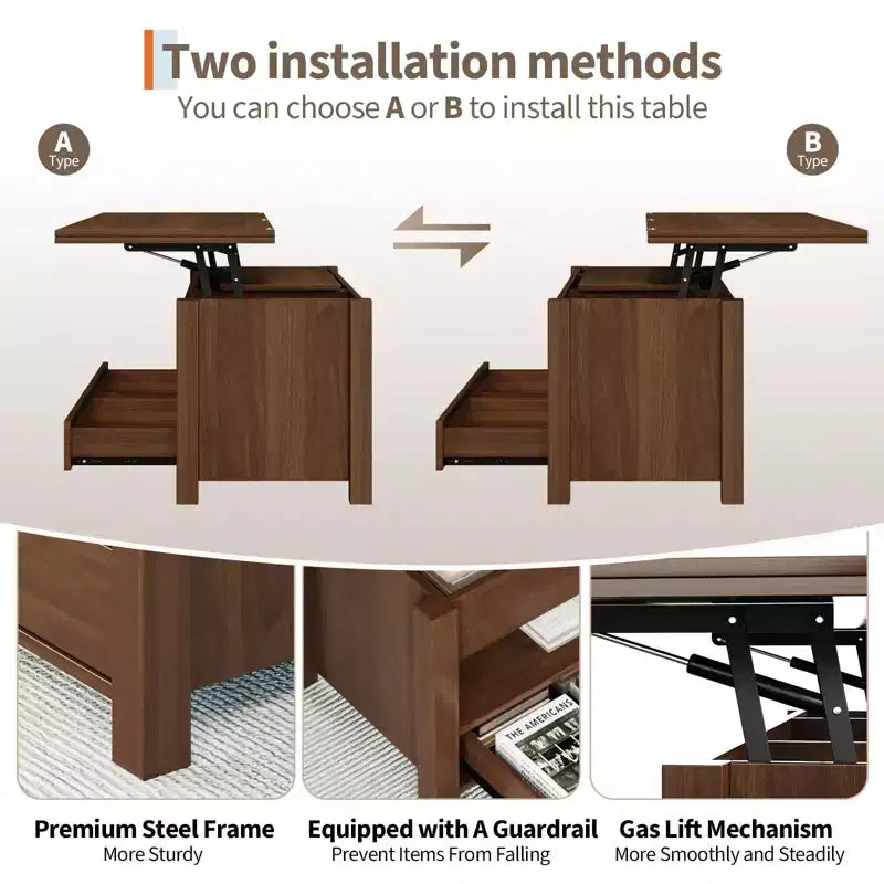 Table basse relevable 40 pouces, table basse convertible multifonctionnelle avec tiroirs et compartiment caché, se transforme en table à manger