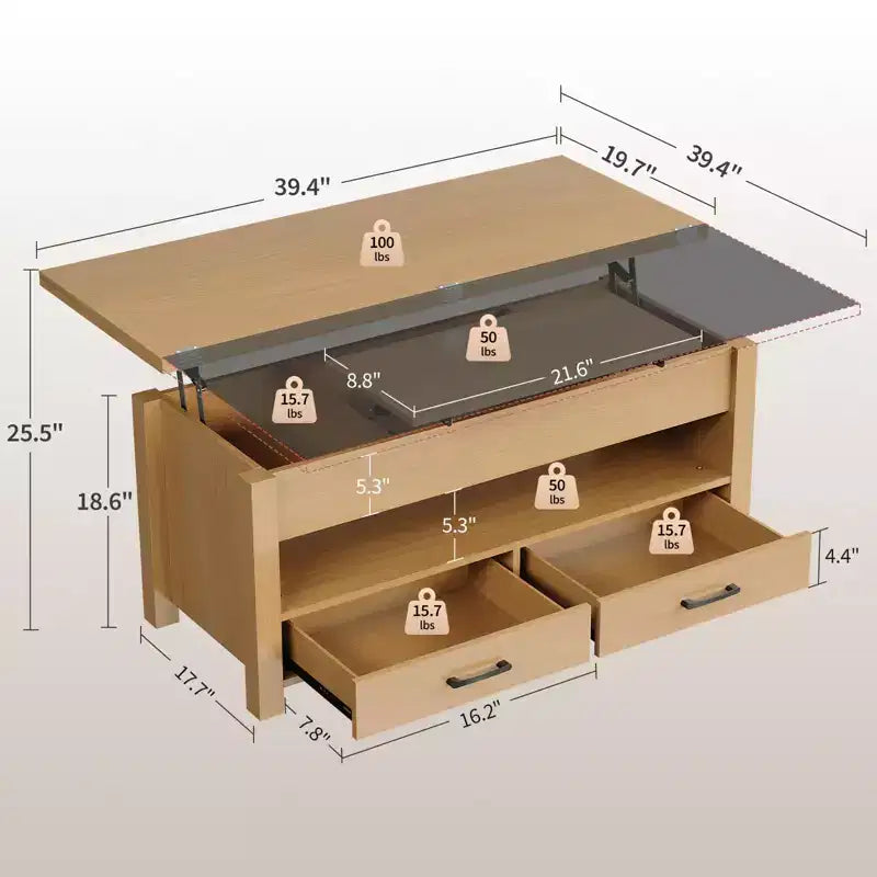 Table basse relevable 40 pouces, table basse convertible multifonctionnelle avec tiroirs et compartiment caché, se transforme en table à manger