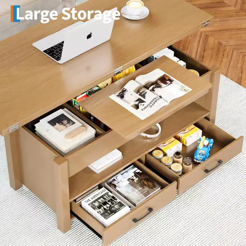 Table basse relevable 40 pouces, table basse convertible multifonctionnelle avec tiroirs et compartiment caché, se transforme en table à manger