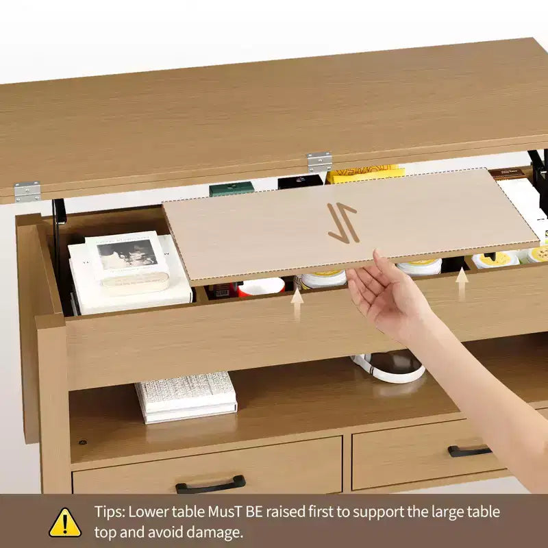 Table basse relevable 40 pouces, table basse convertible multifonctionnelle avec tiroirs et compartiment caché, se transforme en table à manger