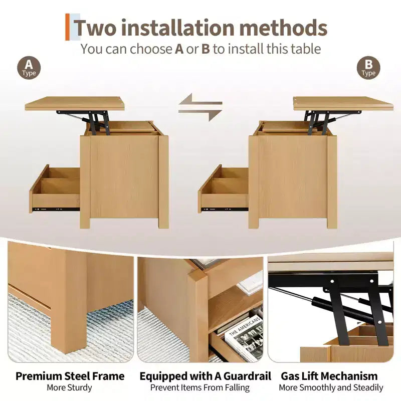 Table basse relevable 40 pouces, table basse convertible multifonctionnelle avec tiroirs et compartiment caché, se transforme en table à manger