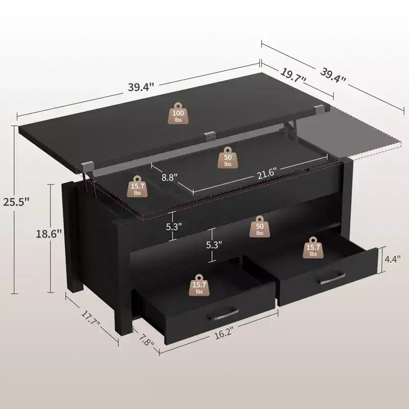 40 Coffee Table Lift Top, Multi-Function Convertible Coffee Table with Drawers and Hidden Compartment, Converts to Dining Table
