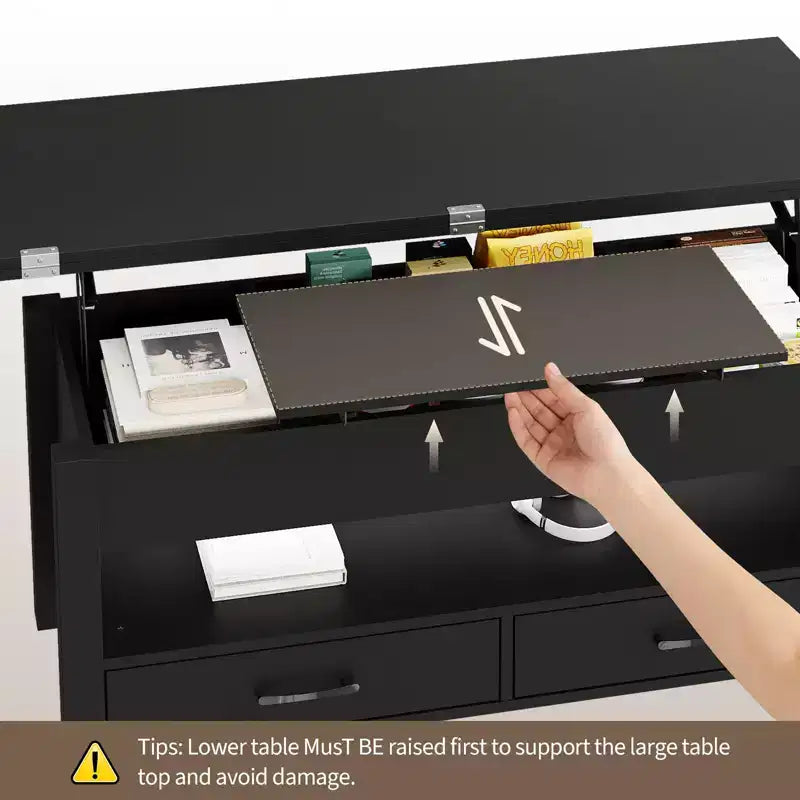 Table basse relevable 40 pouces, table basse convertible multifonctionnelle avec tiroirs et compartiment caché, se transforme en table à manger