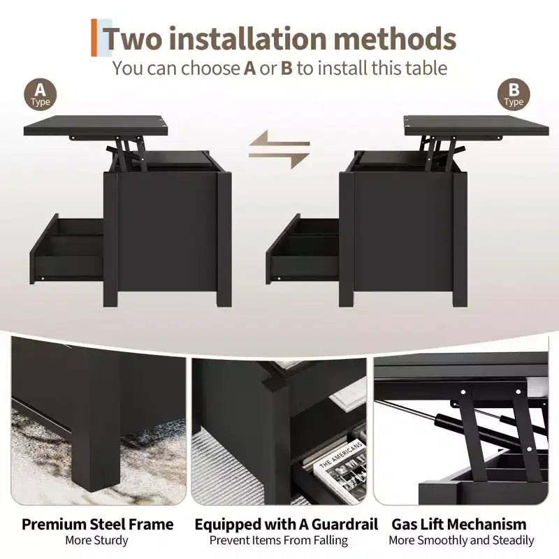 Table basse relevable 40 pouces, table basse convertible multifonctionnelle avec tiroirs et compartiment caché, se transforme en table à manger