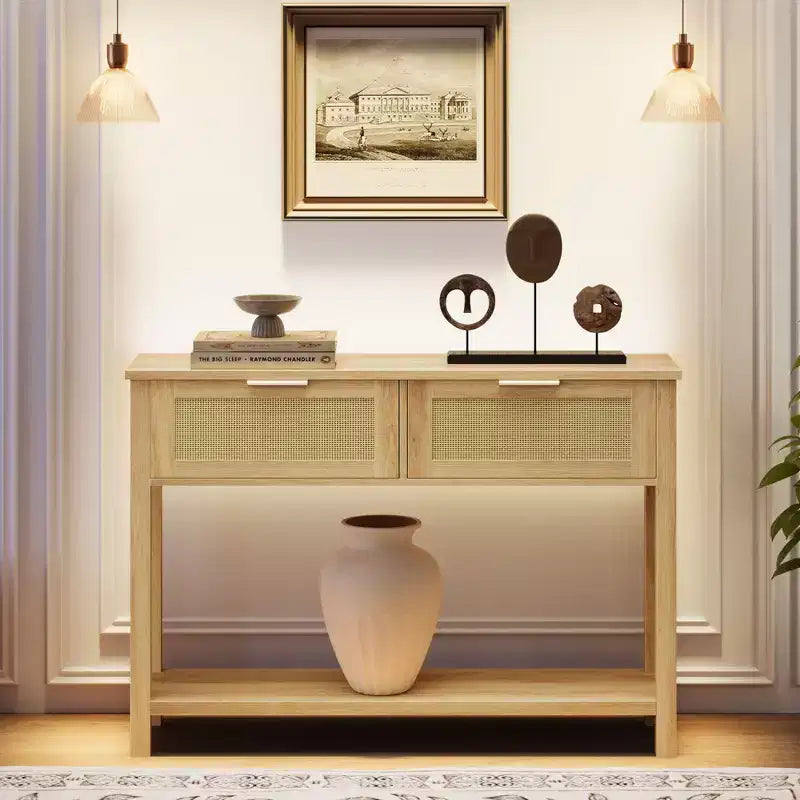 Bohemian style rattan double-drawer side table with double-layer wooden storage shelf  entryway/foyer decorative furniture, natural wood color.