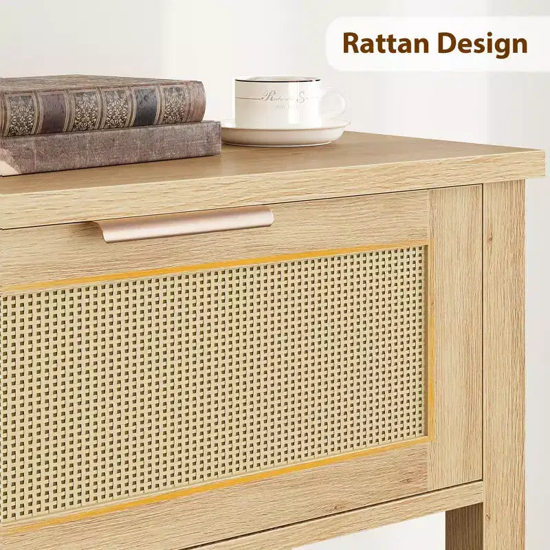 table d'appoint à deux tiroirs style rotin avec étagère de rangement en bois à double niveau, meuble décoratif pour entrée/vestibule, couleur bois naturel.