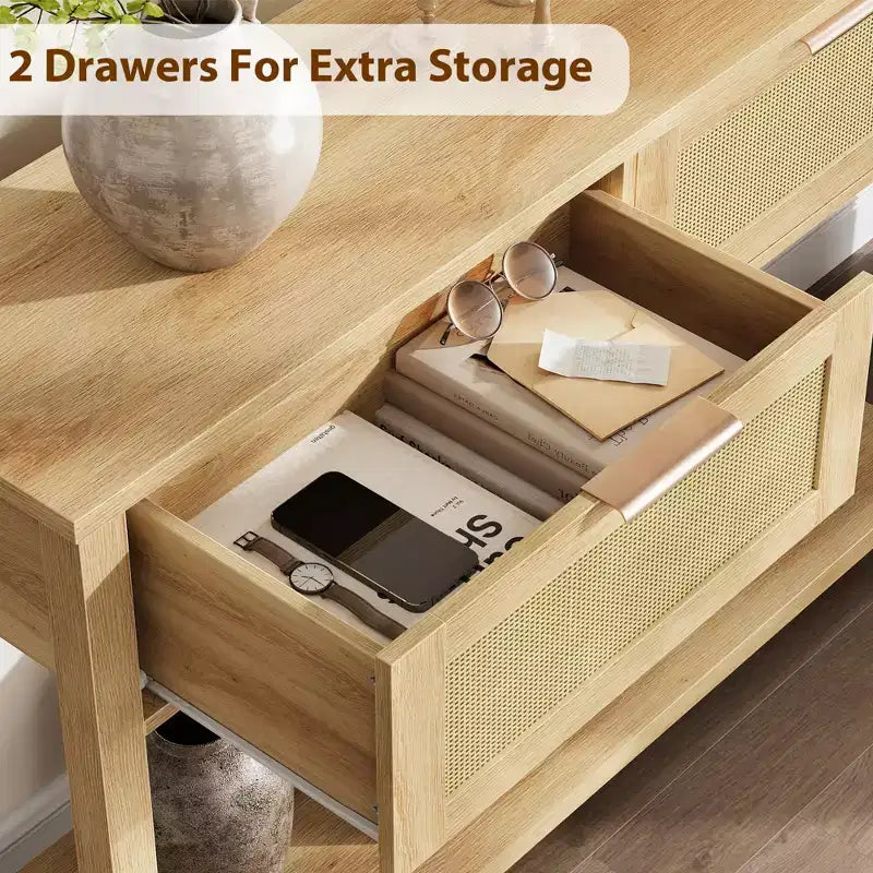 table d'appoint à deux tiroirs style rotin avec étagère de rangement en bois à double niveau, meuble décoratif pour entrée/vestibule, couleur bois naturel.