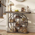 HOMCOM Industrial Console Table, Sofa Entryway Table with Storage Shelves and Circle Steel Frame, Rustic Oak