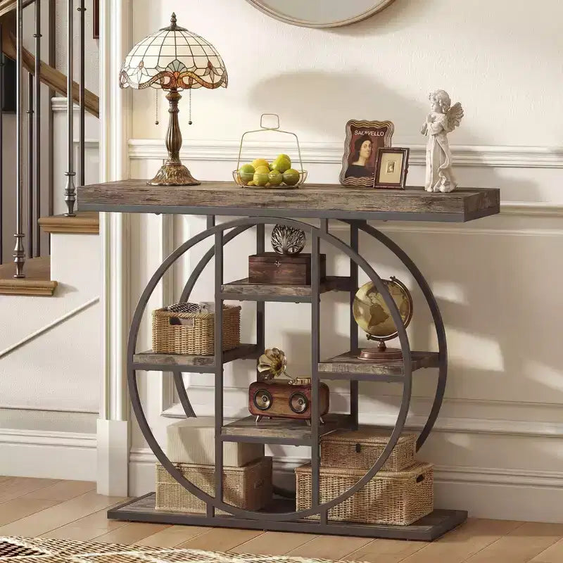 HOMCOM Industrial Console Table, Sofa Entryway Table with Storage Shelves and Circle Steel Frame, Rustic Oak
