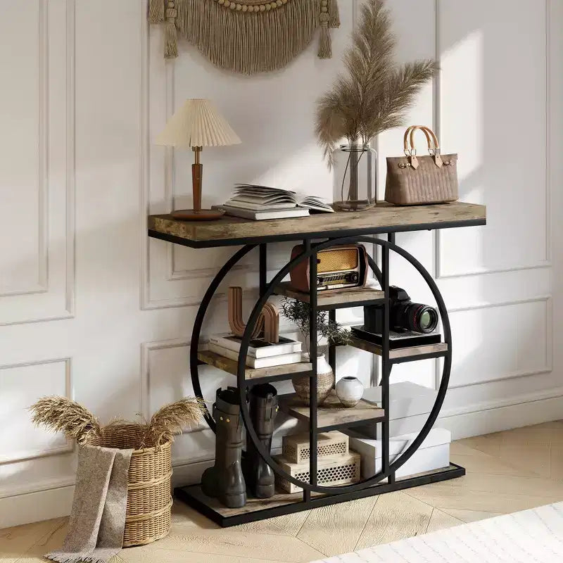 Table console industrielle, table d'appoint pour canapé avec étagères de rangement et cadre en acier circulaire, chêne rustique