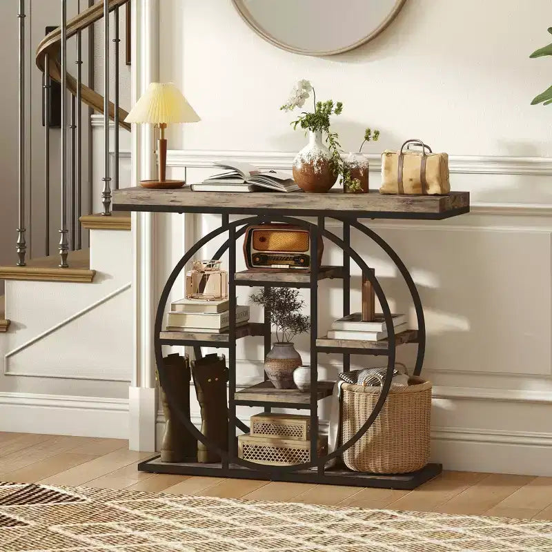 Table console industrielle, table d'appoint pour canapé avec étagères de rangement et cadre en acier circulaire, chêne rustique