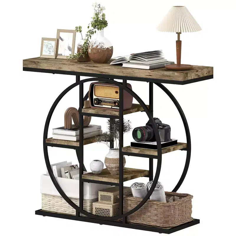 Table console industrielle, table d'appoint pour canapé avec étagères de rangement et cadre en acier circulaire, chêne rustique