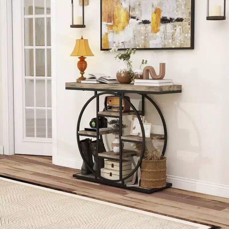 Table console industrielle, table d'appoint pour canapé avec étagères de rangement et cadre en acier circulaire, chêne rustique