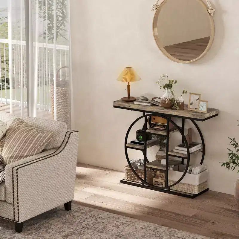Table console industrielle, table d'appoint pour canapé avec étagères de rangement et cadre en acier circulaire, chêne rustique