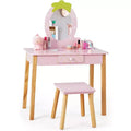 BALHAM TRADE-Kids Vanity Set for Little Girls with Real Oval Mirror Wooden Dressing Table and Stool