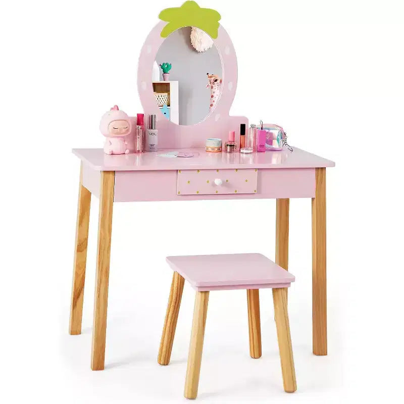 BALHAM TRADE-Kids Vanity Set for Little Girls with Real Oval Mirror Wooden Dressing Table and Stool
