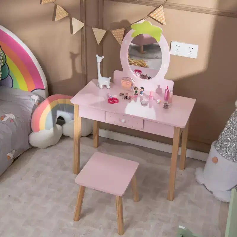 pour les petites filles avec miroir ovale, coiffeuse et tabouret en bois
