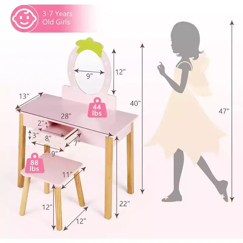 pour les petites filles avec miroir ovale, coiffeuse et tabouret en bois