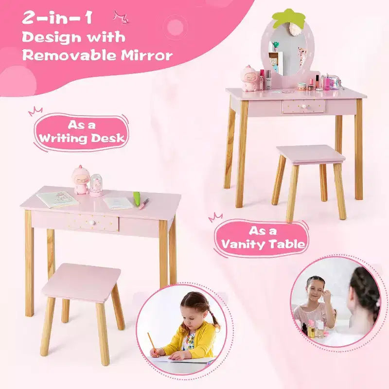 pour les petites filles avec miroir ovale, coiffeuse et tabouret en bois