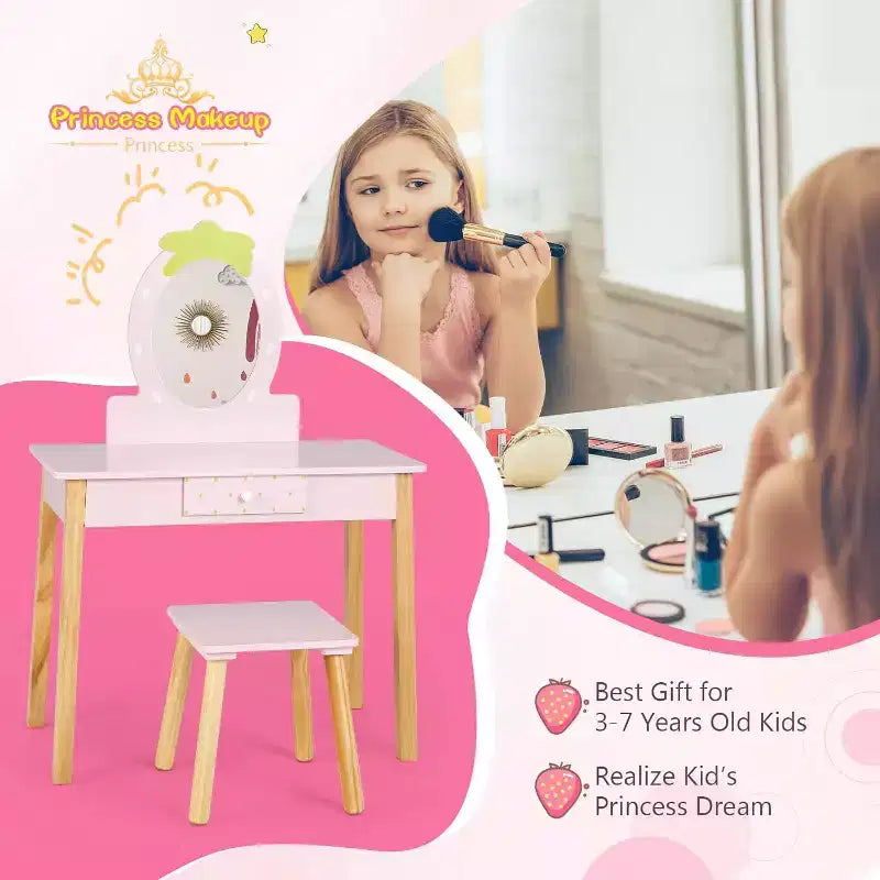 pour les petites filles avec miroir ovale, coiffeuse et tabouret en bois