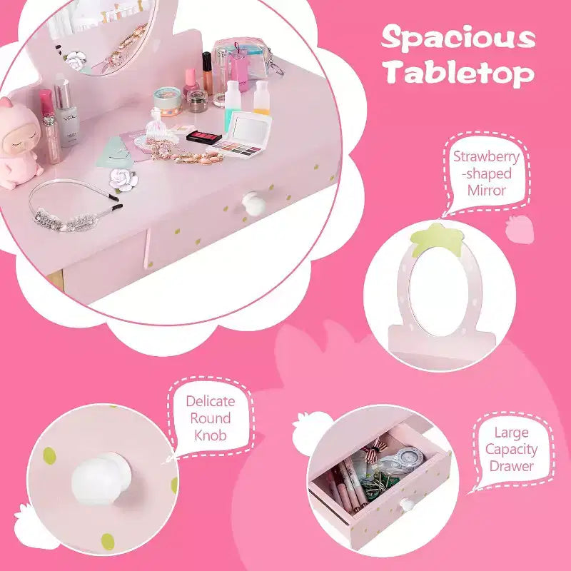 pour les petites filles avec miroir ovale, coiffeuse et tabouret en bois