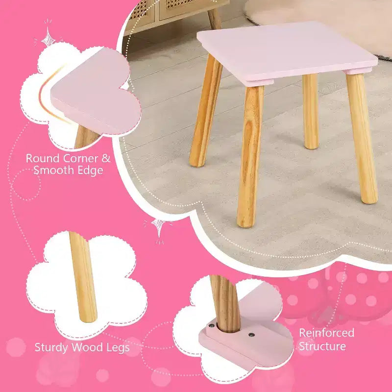 pour les petites filles avec miroir ovale, coiffeuse et tabouret en bois