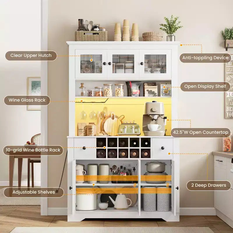 Grand garde-manger de 175 cm avec lumières LED et station de recharge, grand meuble de rangement de cuisine, buffet de cuisine, meuble bar à café avec porte-bouteilles